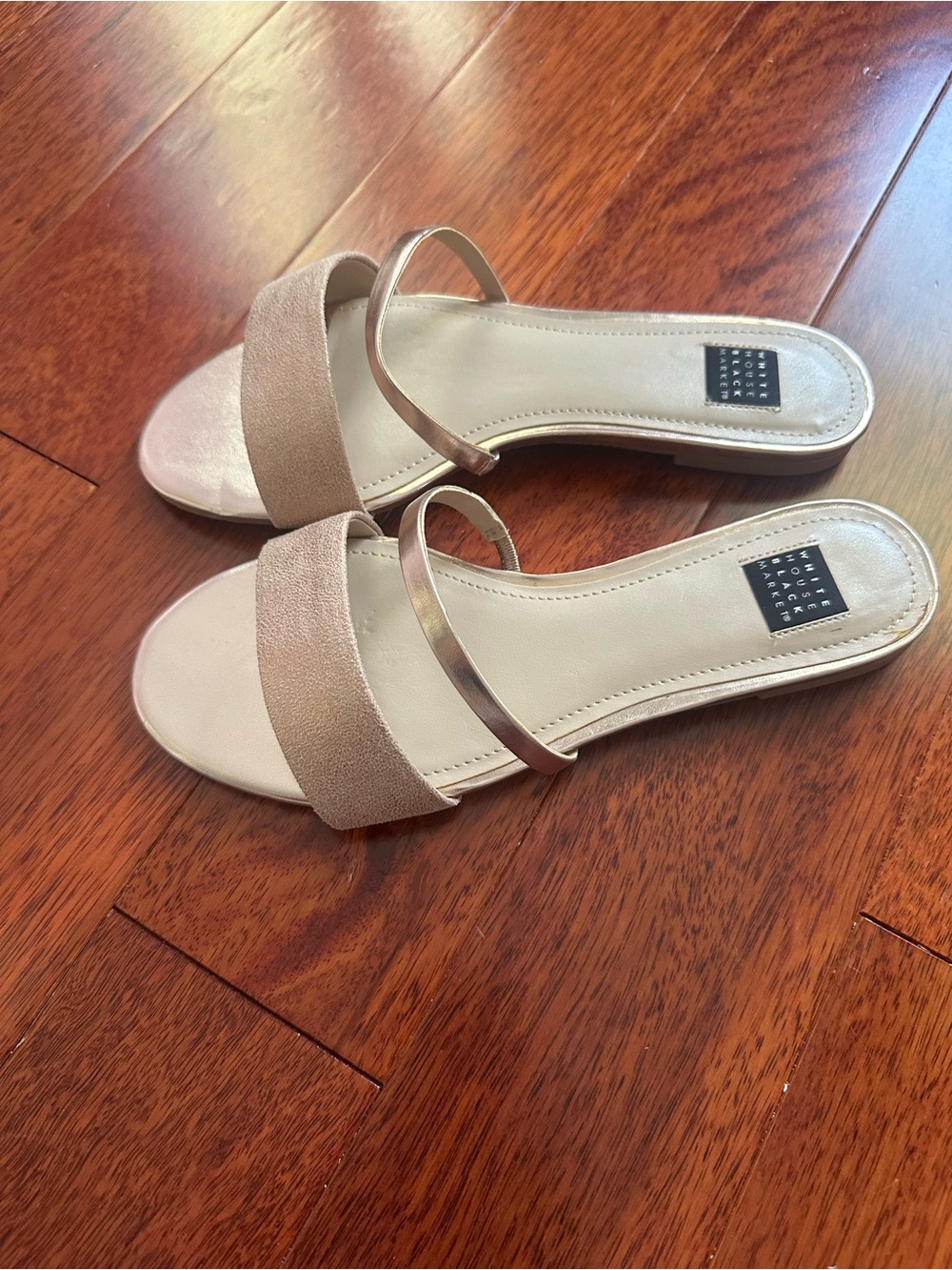 White House Black Market Beige Slide Sandals with Metallic Strap